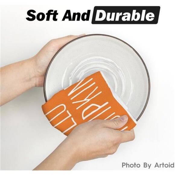 Orange Polka Dot Stripes Hello Pumpkin Fall Kitchen Towels Dish - Picture 6 of 7